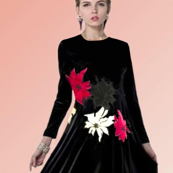 BIANCO NERO Black Fit and Flare Multi-layered Party Dress Floral Appliques Sz S - Picture 3 of 7